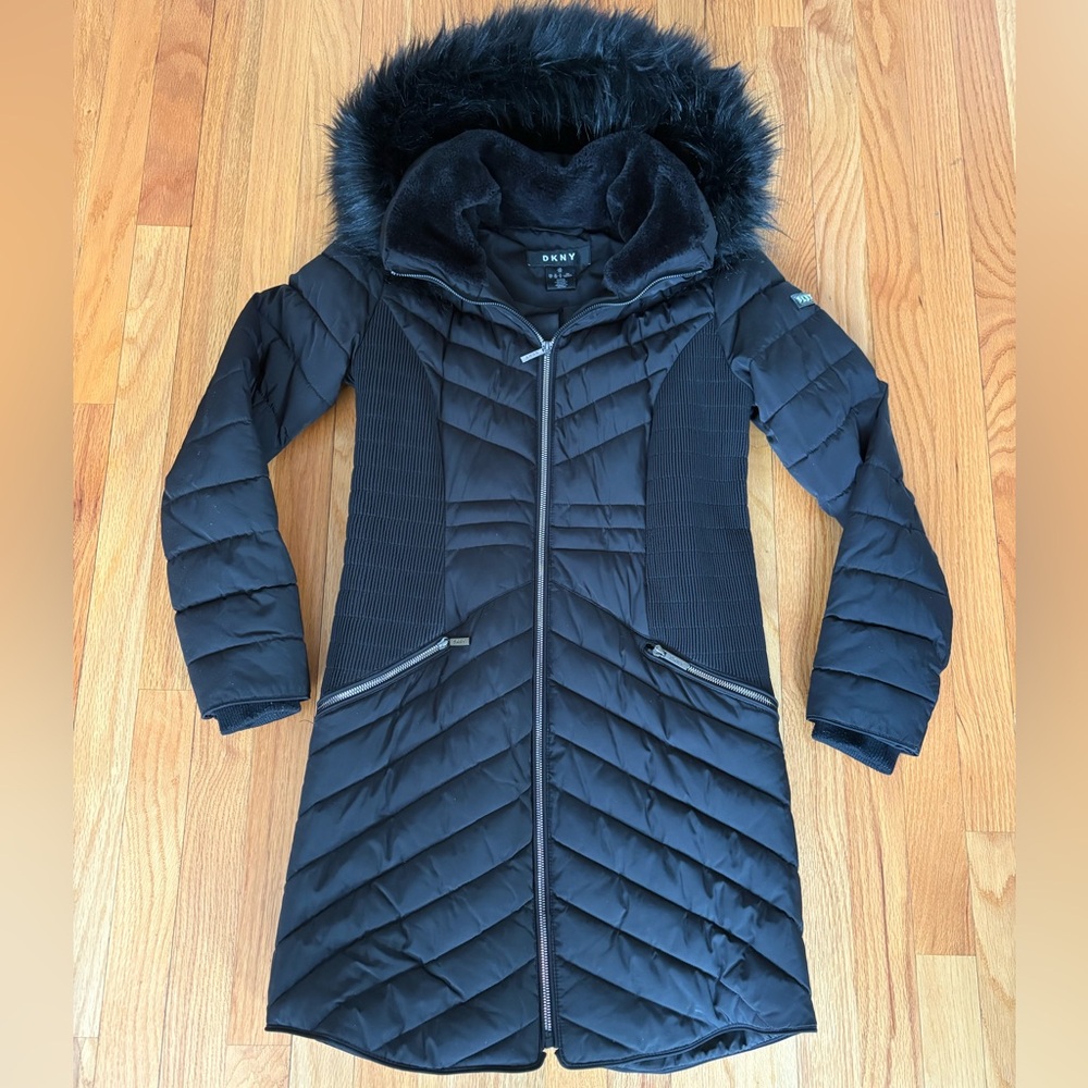 Women's Black Puffer Jacket with Faux Fur Hood